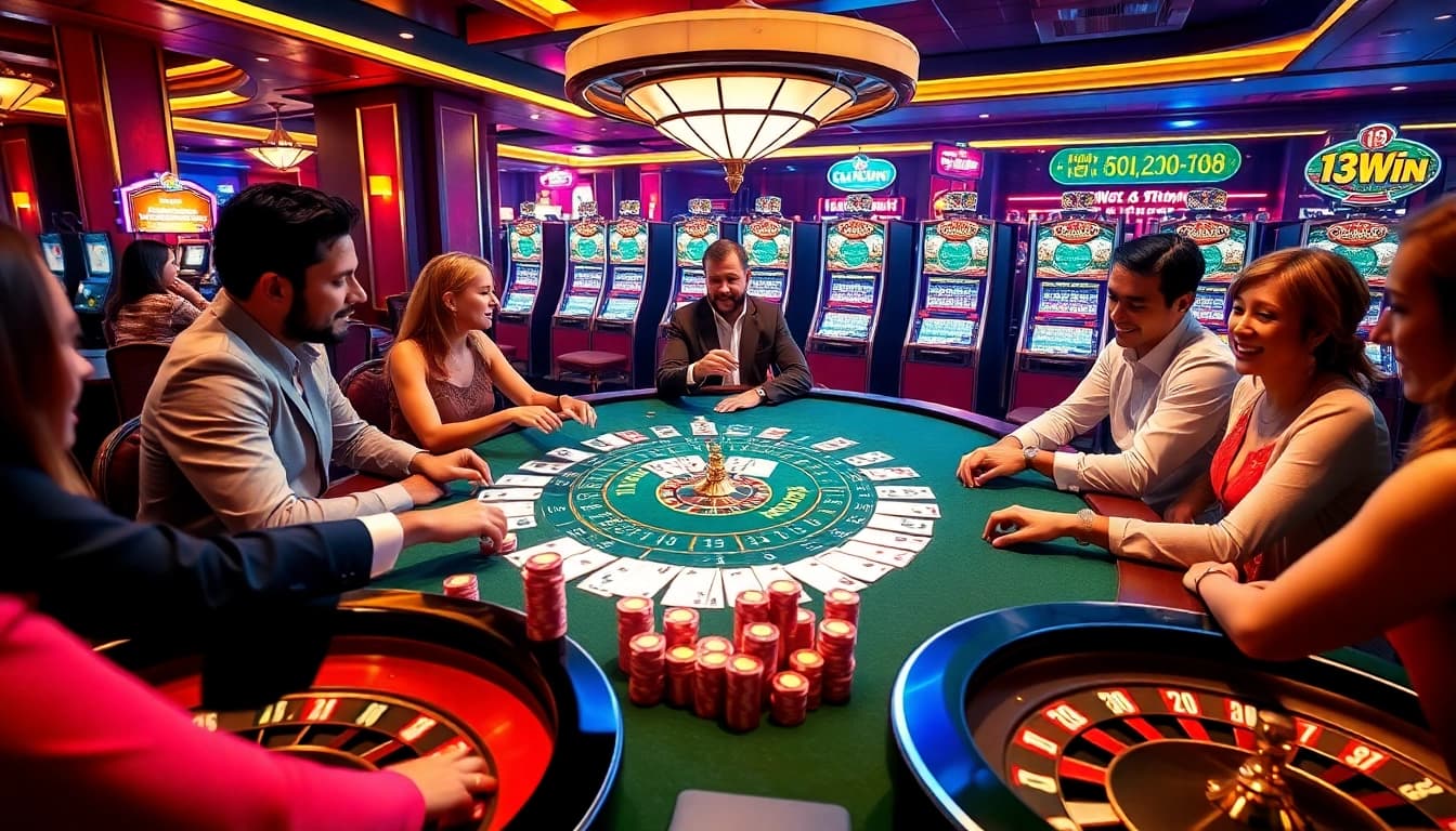 Engaged players at 13WIN poker table with vibrant chips and cards under luxurious casino lighting.
