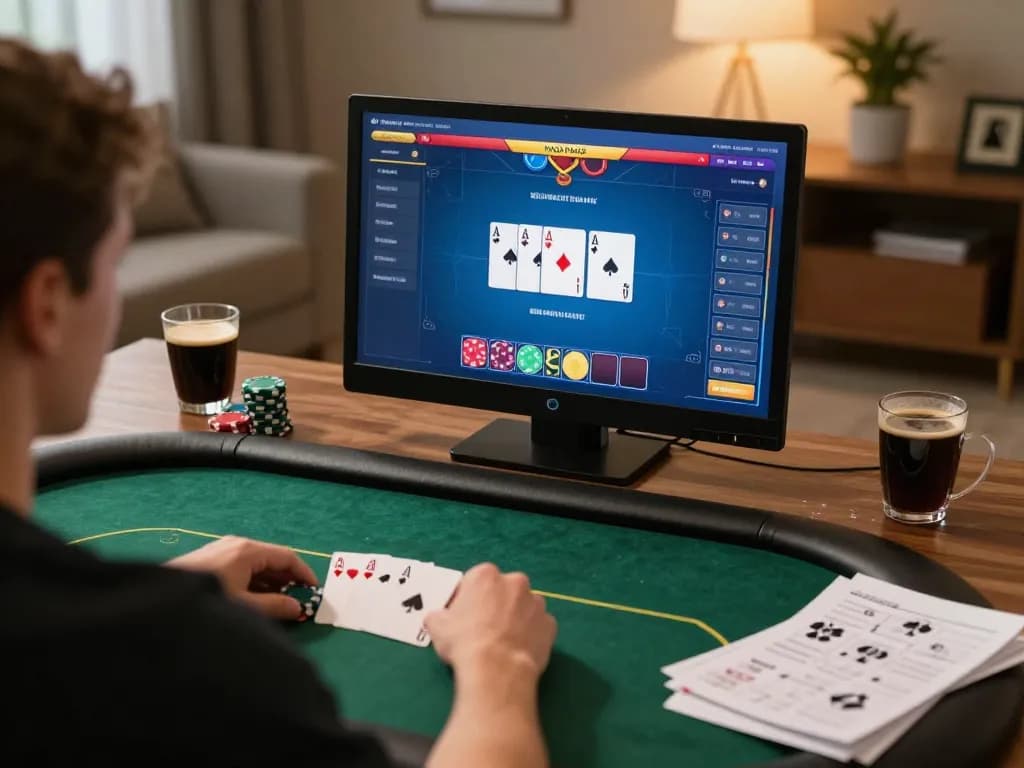 Engaged player strategizing in a nagapoker online poker game from a cozy home office