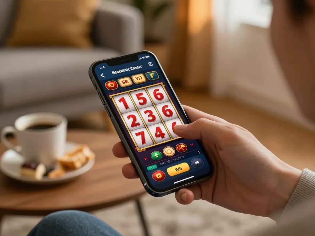 Player engaging with the jun88 mobile casino app showcasing spinning slot reels, set in a cozy home environment.