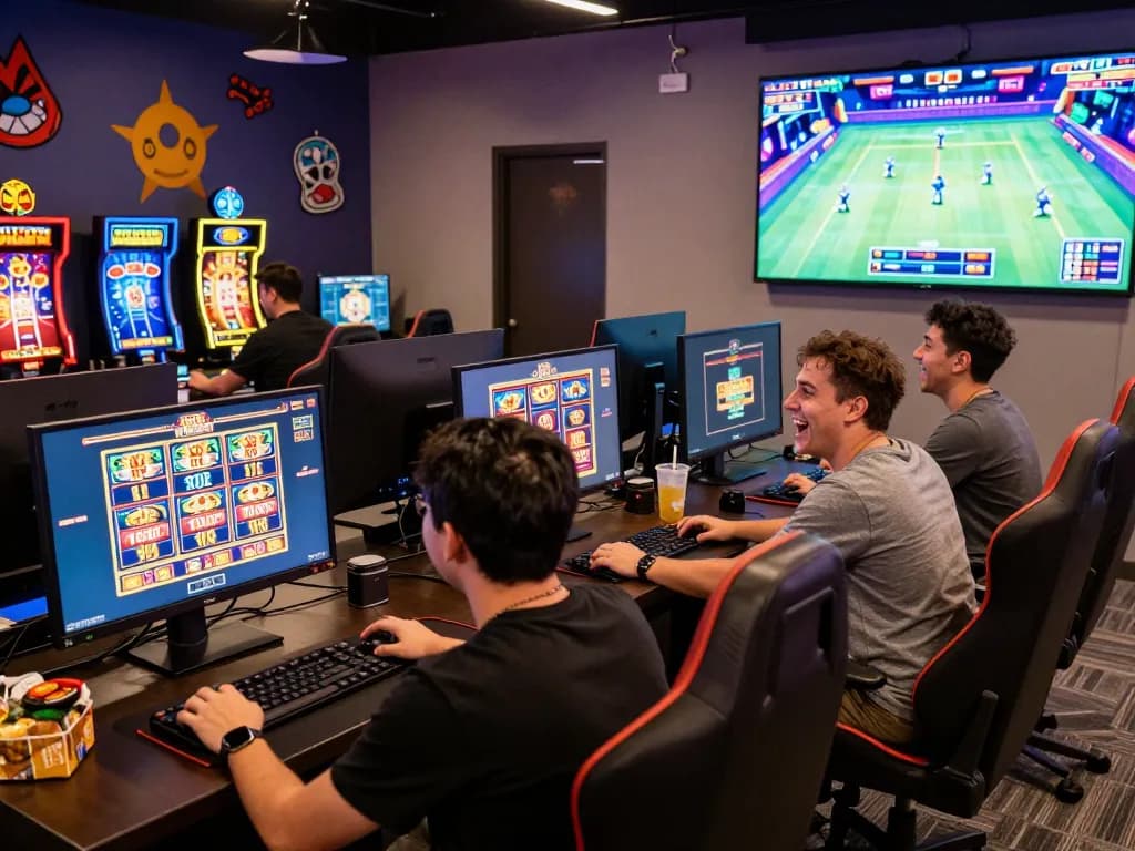 Friends enjoying a thrilling 娛樂城 gaming session in a vibrant lounge, surrounded by colorful screens and exciting atmosphere.