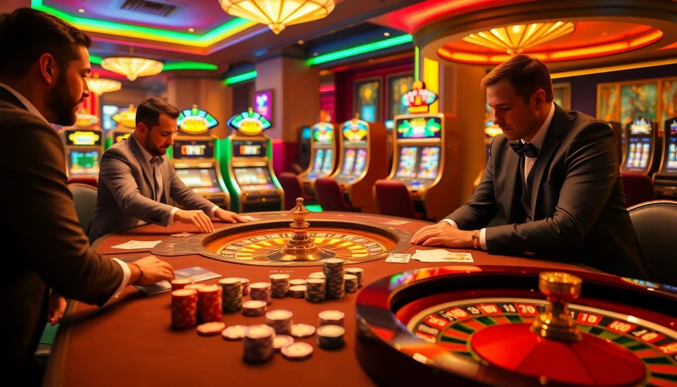 High-energy casino scene depicting gamers immersed in thrill with https://188v.bz/ featuring roulette, cards, and vibrant slot machines.