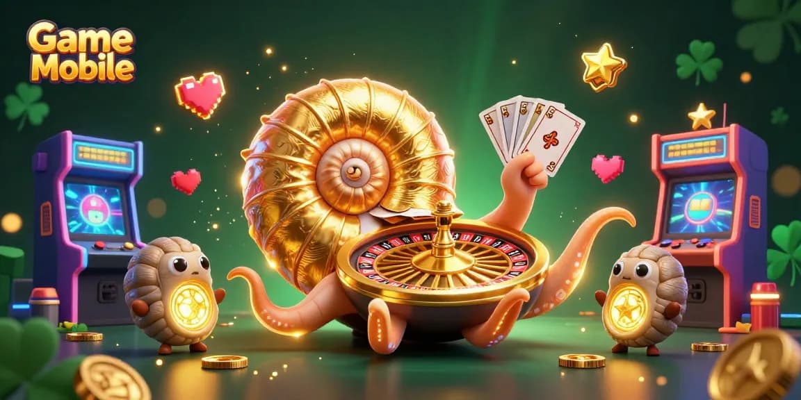 Engage in Game Mobile with a vibrant 3D illustration featuring a nautilus roulette wheel and glowing game elements.