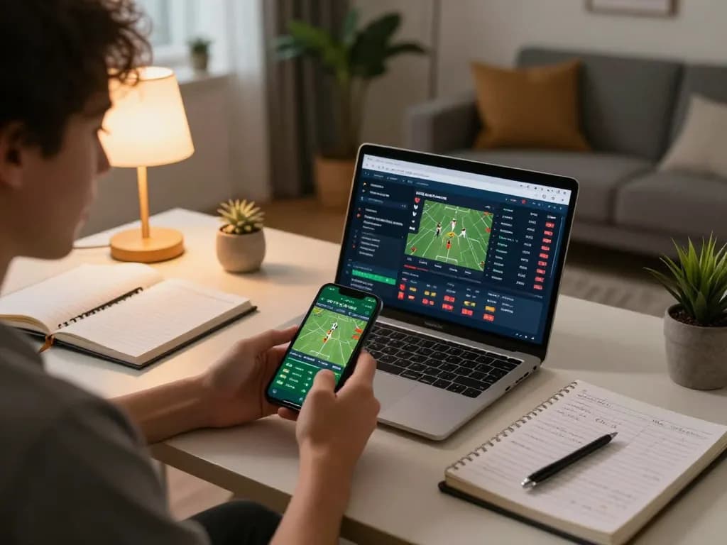 Engaging user analyzing keobongda sports betting app on smartphone in a modern home setting.