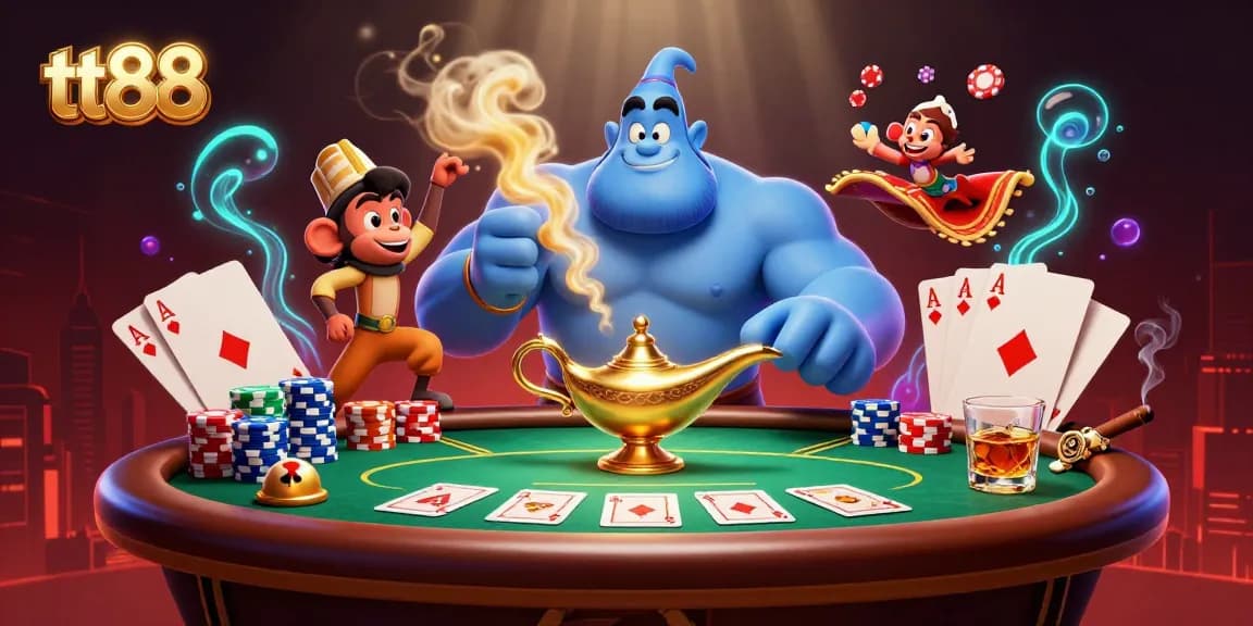 Join the tt88 adventure with a genie, poker chips, and a vibrant casino scene.