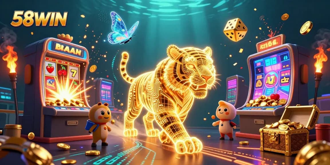 Join the excitement of 58WIN, where the golden tiger navigates a thrilling casino world of jackpots and vibrant games.
