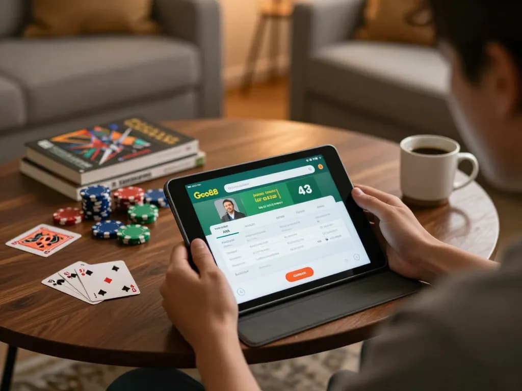 Engaging in online gaming via the Go88 app in a cozy home setting, showcasing a strategic betting experience.