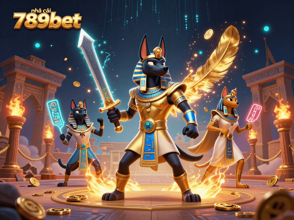 Engaging 3D illustration highlights nhà cái 789bet with Anubis and Bastet, showcasing an extensive casino environment.