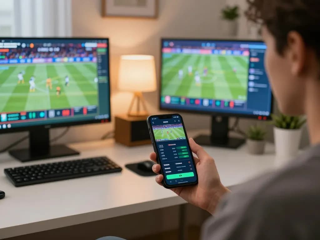 O8 user strategizing sports bets on smartphone in modern home office