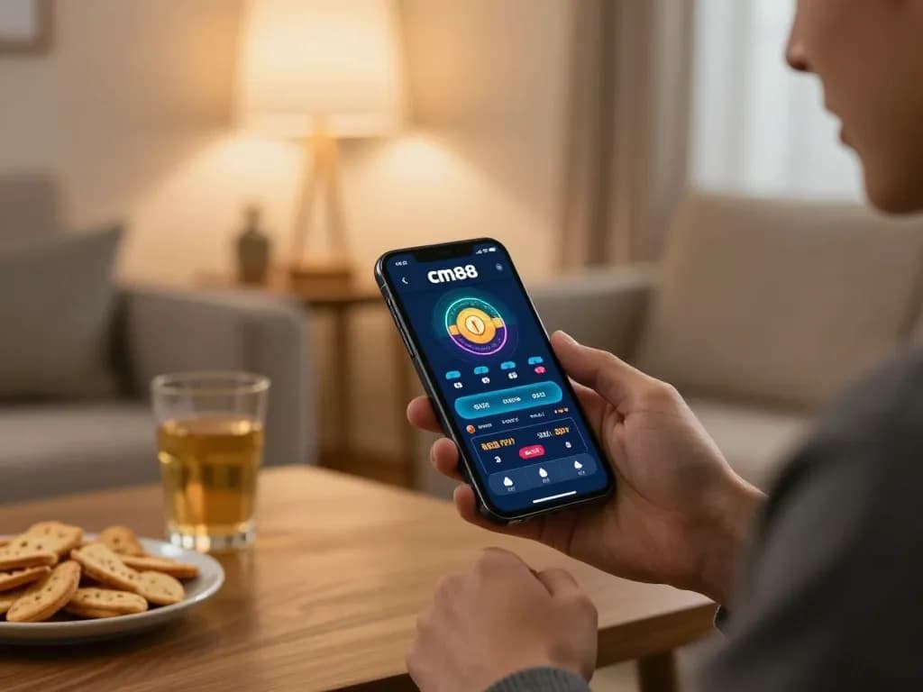 Engaging with cm88 app for online gambling in a cozy home setup.