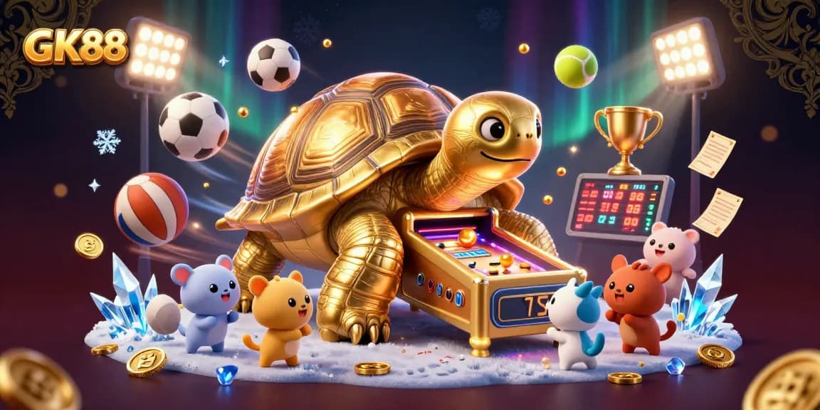 Experience thrilling gameplay at GK88 with a 3D casino illustration featuring a colossal golden tortoise pinball machine and dynamic sports elements.