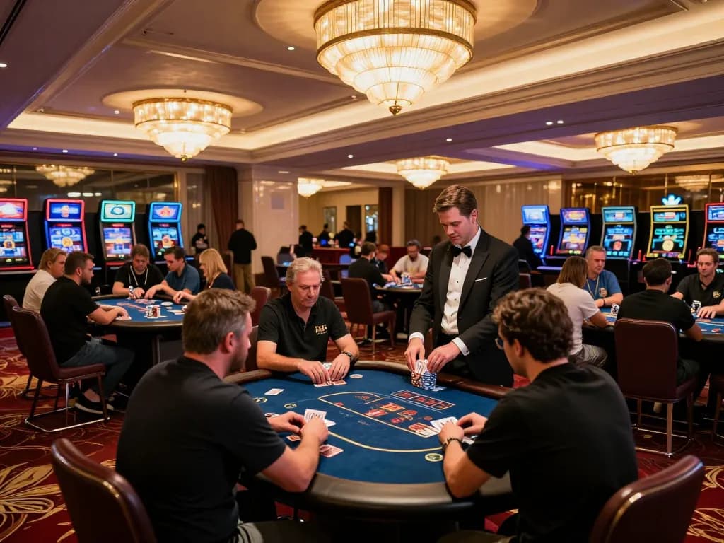 Players enjoy a thrilling poker game at an upscale LV88 casino, highlighting strategic gameplay and vibrant atmosphere.