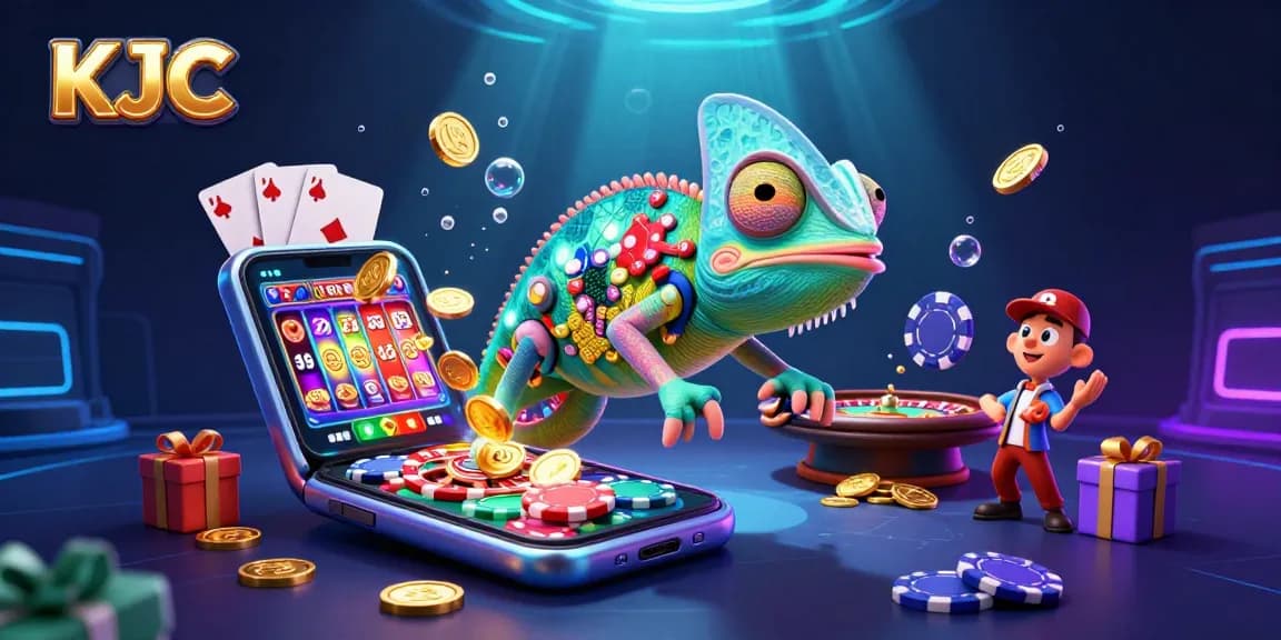 KJC chameleon casino owner captures excitement in a vibrant gambling scene filled with coins and games.