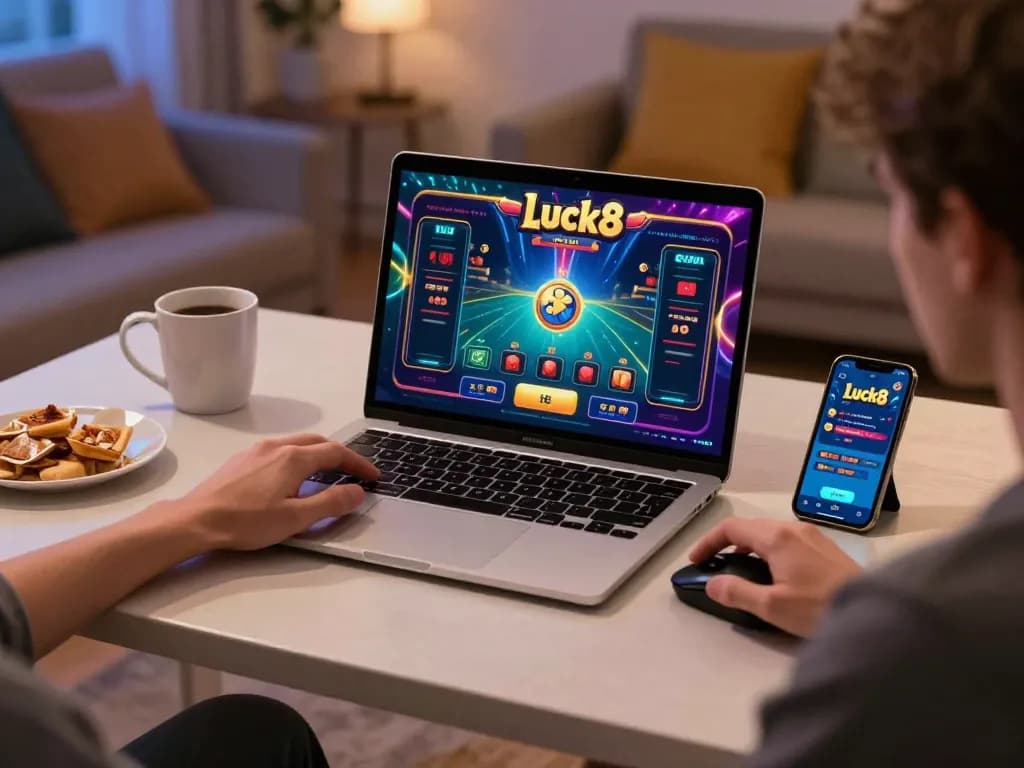 Player engaging with Luck8 online casino interface, showcasing strategic betting in a cozy setting.