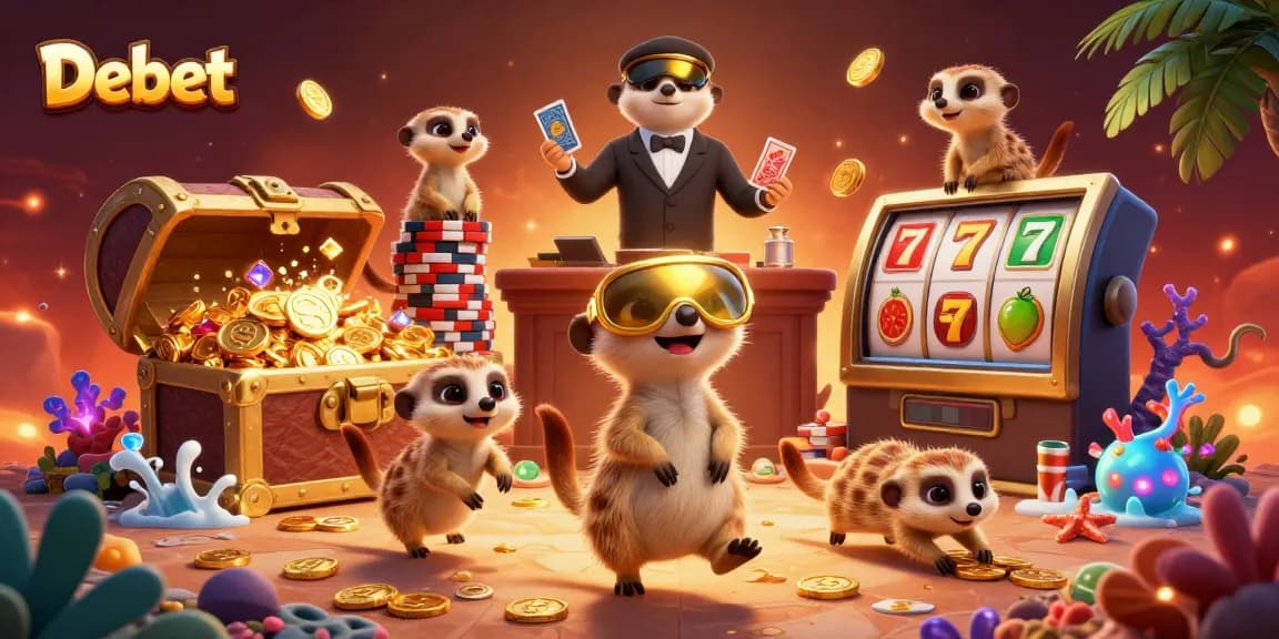 Debet showcases a lively meerkat casino scene filled with vibrant slot game elements and rich details.