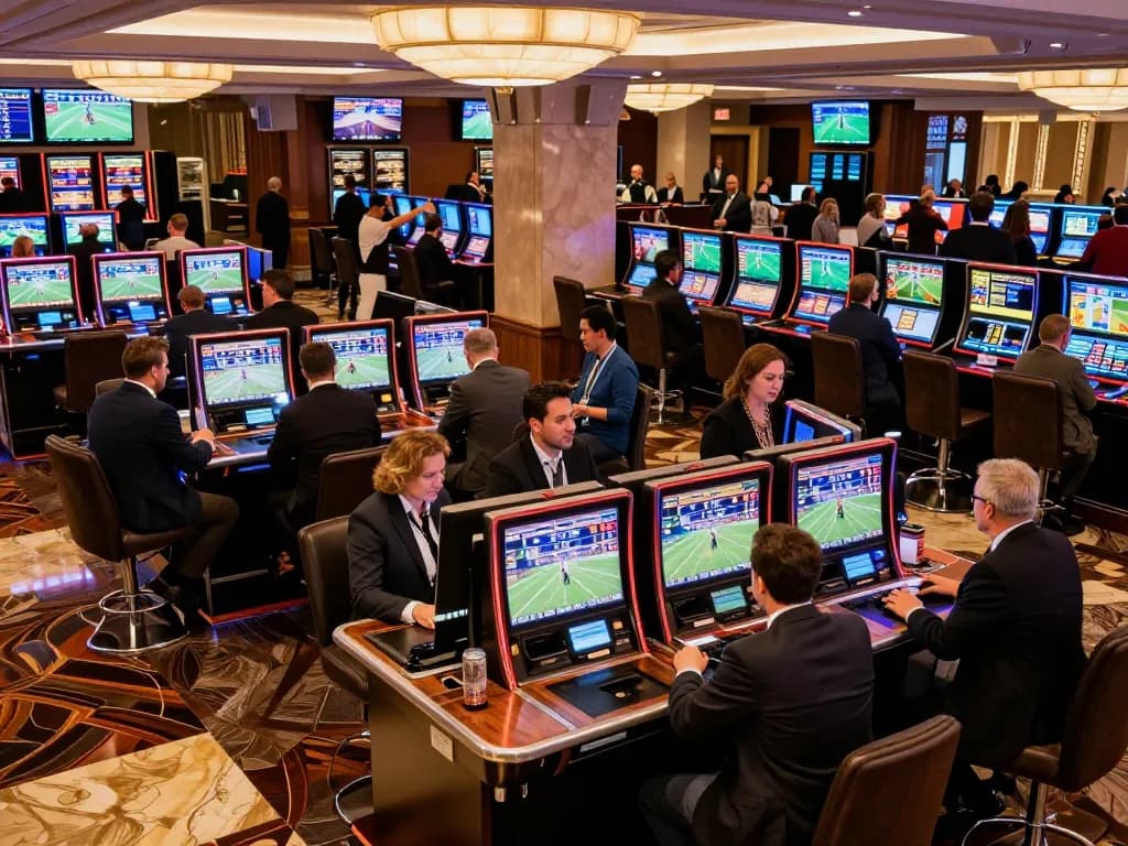 Engaged bettors at MB88's sports betting area placing wagers during a live event