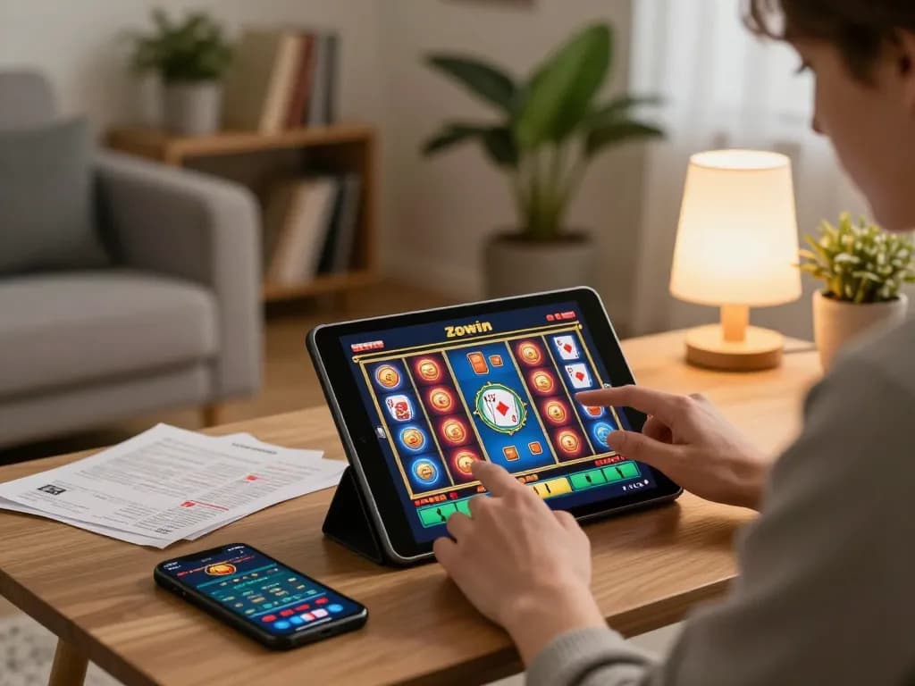 Zowin player strategizing during an online casino session with tablet and notes.