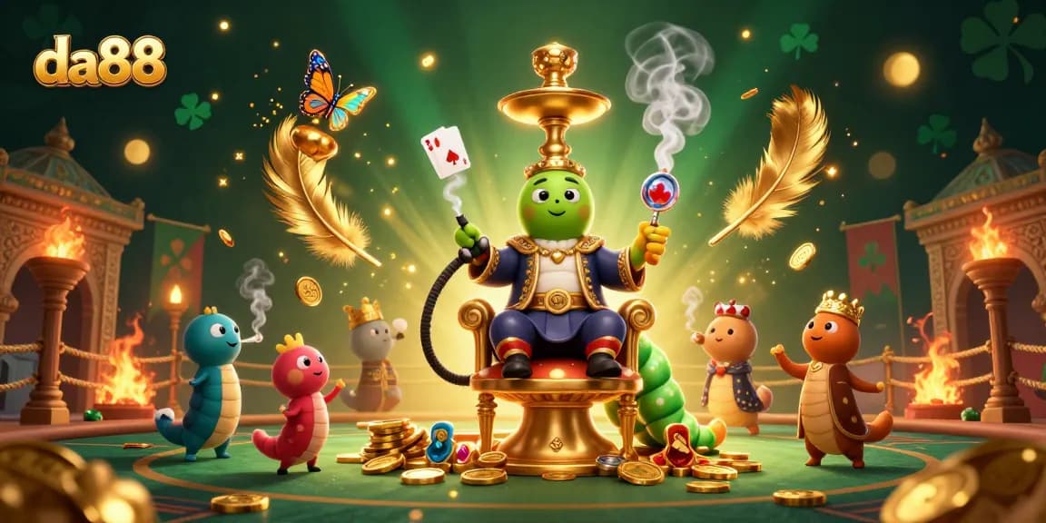 Spin and win with da88, a vibrant 3D casino illustration featuring poker elements and golden treasures.