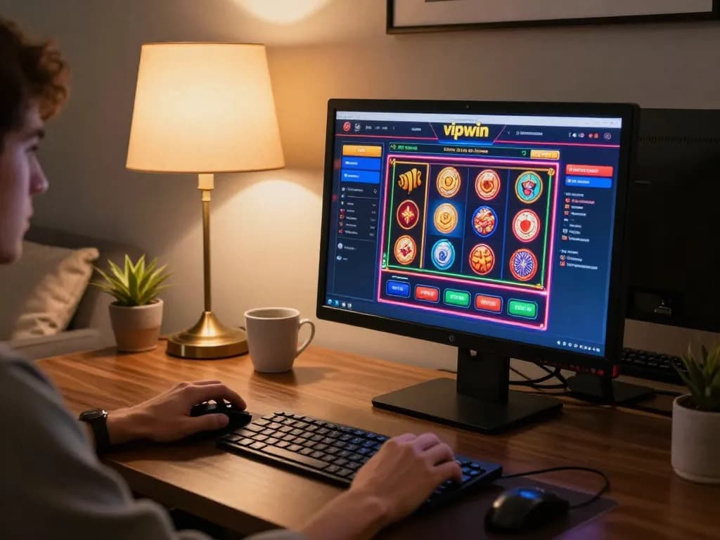 Engaging gameplay on Vipwin's online casino platform with vibrant graphics and a cozy setup.
