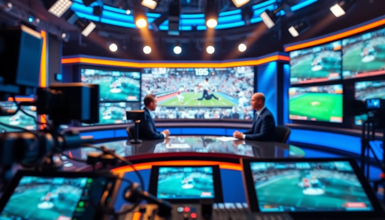 Engaging sports broadcasting scene with anchors discussing live events, showcasing Sports Broadcasting.