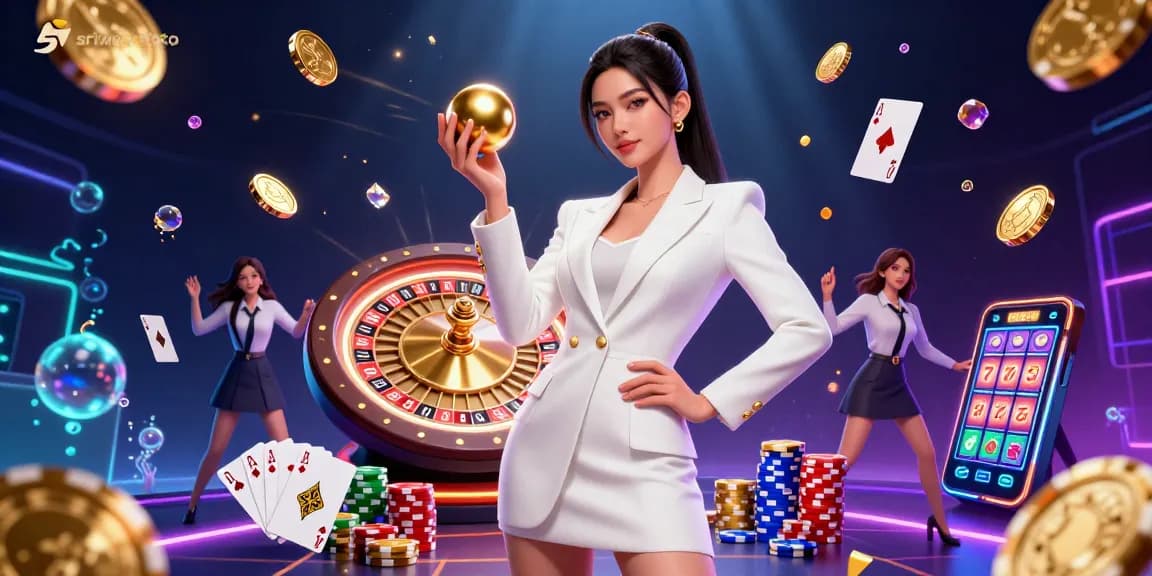 Engage with sriwijayatoto as a vibrant Asian woman showcases confident casino action with roulette and slot elements.