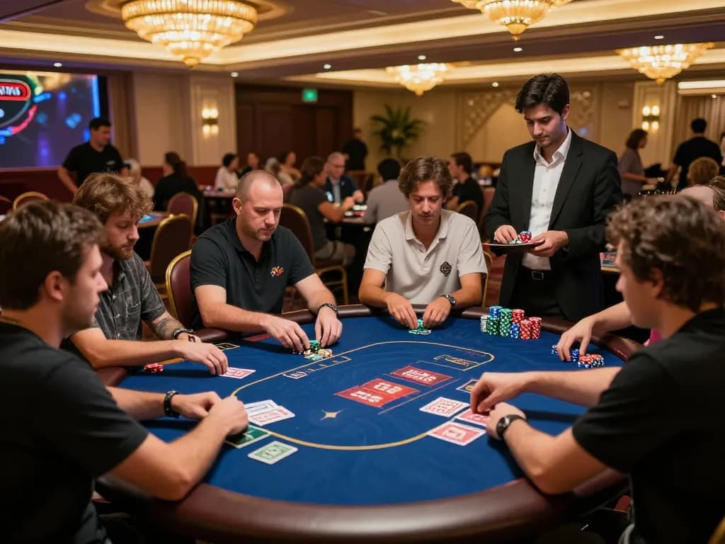 Players enjoying a strategic poker game at 23Win casino, enhanced by warm ambient lighting and vibrant atmosphere.