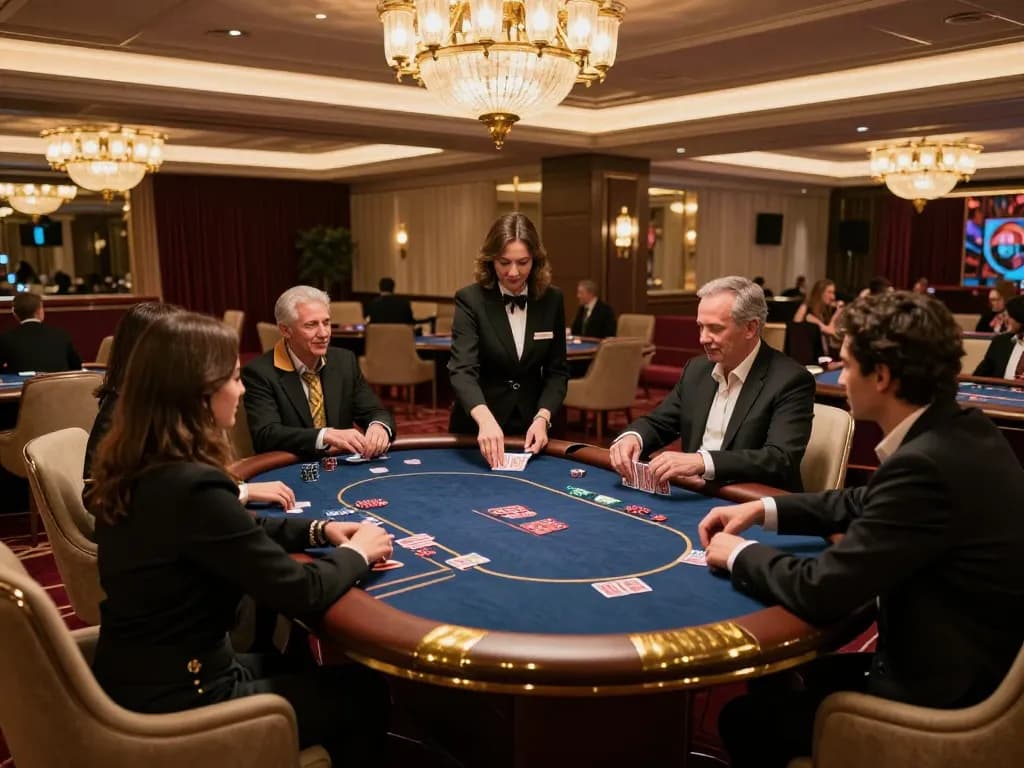 Người chơi LỢI8 trong khu vực VIP của casino sang trọng tận hưởng các ván thắng tại bàn poker