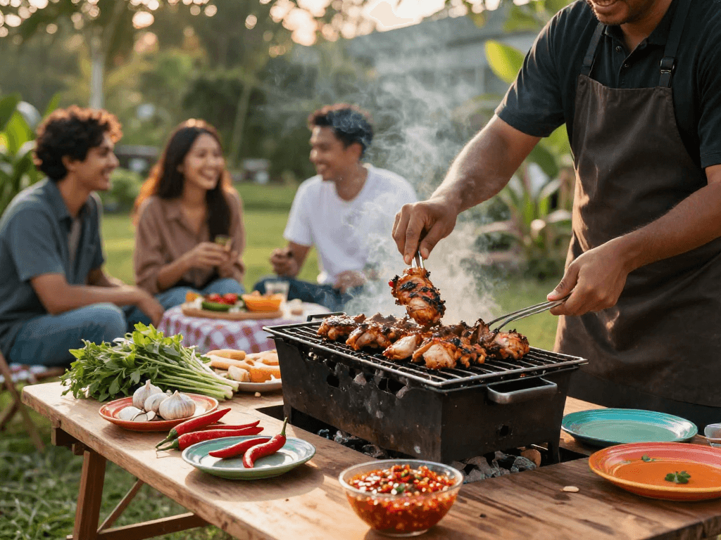 Delicious grilled chicken with sambal rawit sauce from https://sambalrawitankoko.com, showcasing vibrant fresh ingredients at a barbecue.