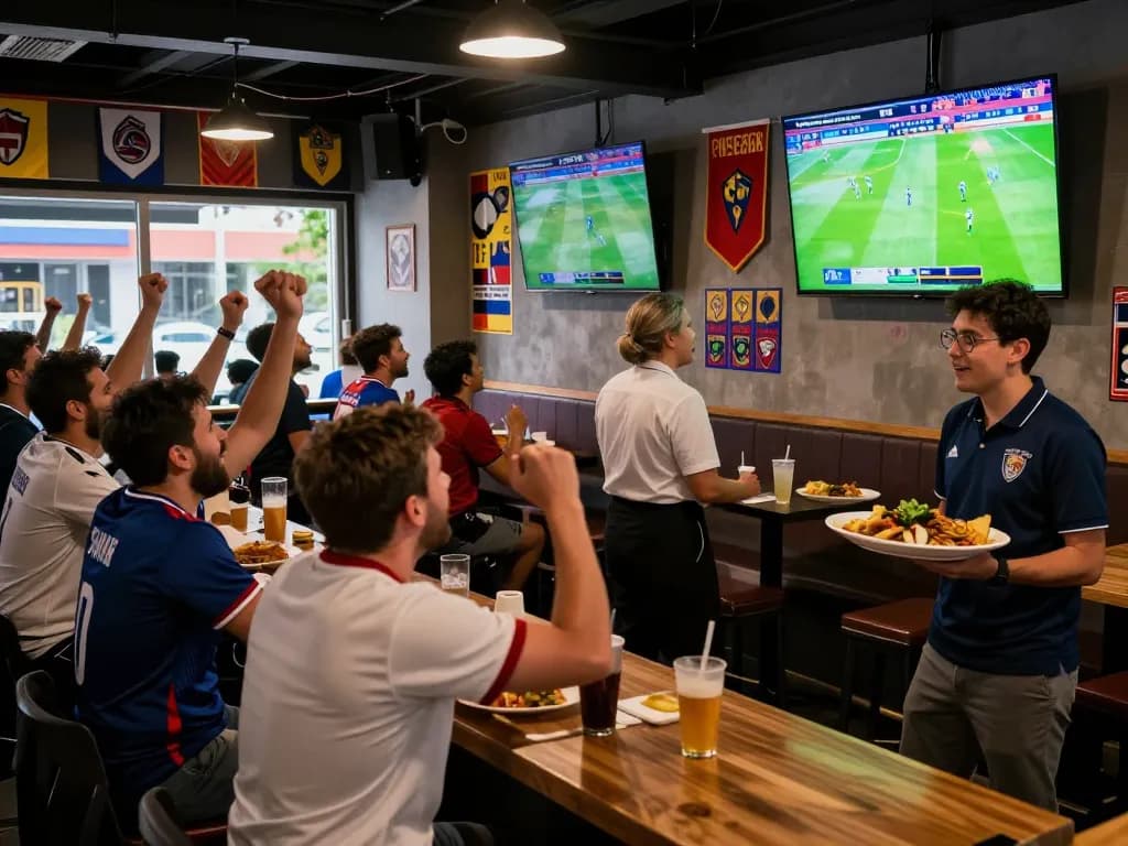 Fans enjoying live soccer matches at a bar, cheering for their teams while watching socolive streams on multiple TVs.