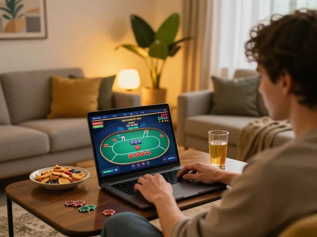 Person enjoying online poker in a cozy room with mb66-t gaming setup, showcasing strategic gameplay.