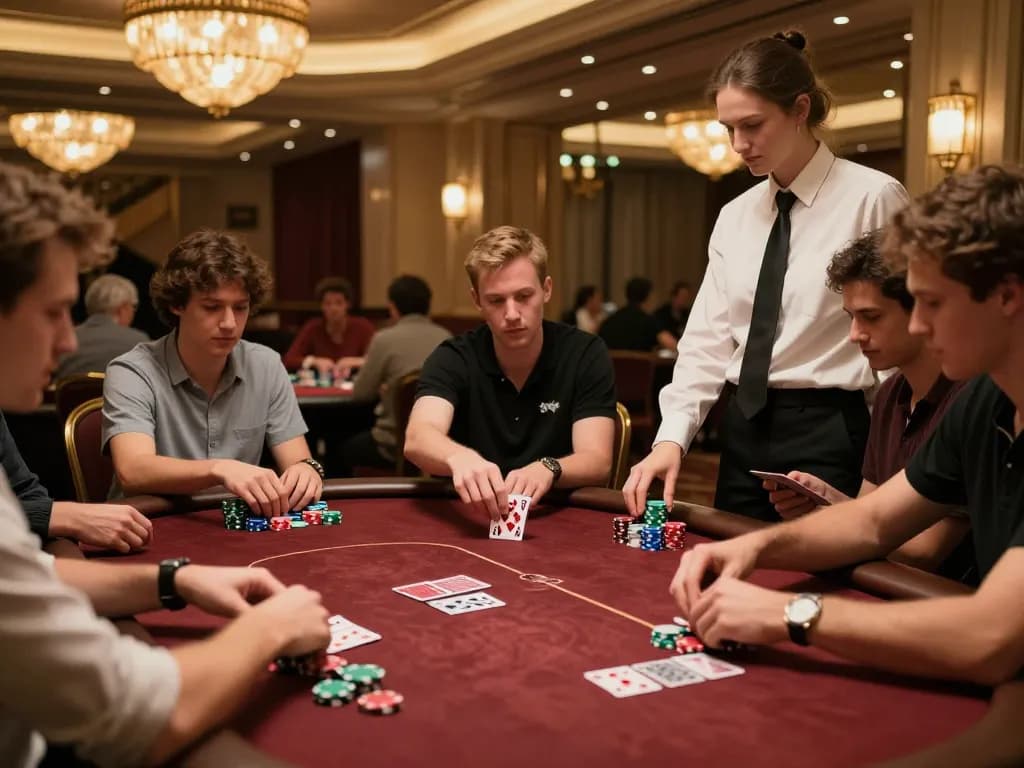 Players at N188 poker table strategizing their bets in a vibrant casino atmosphere.