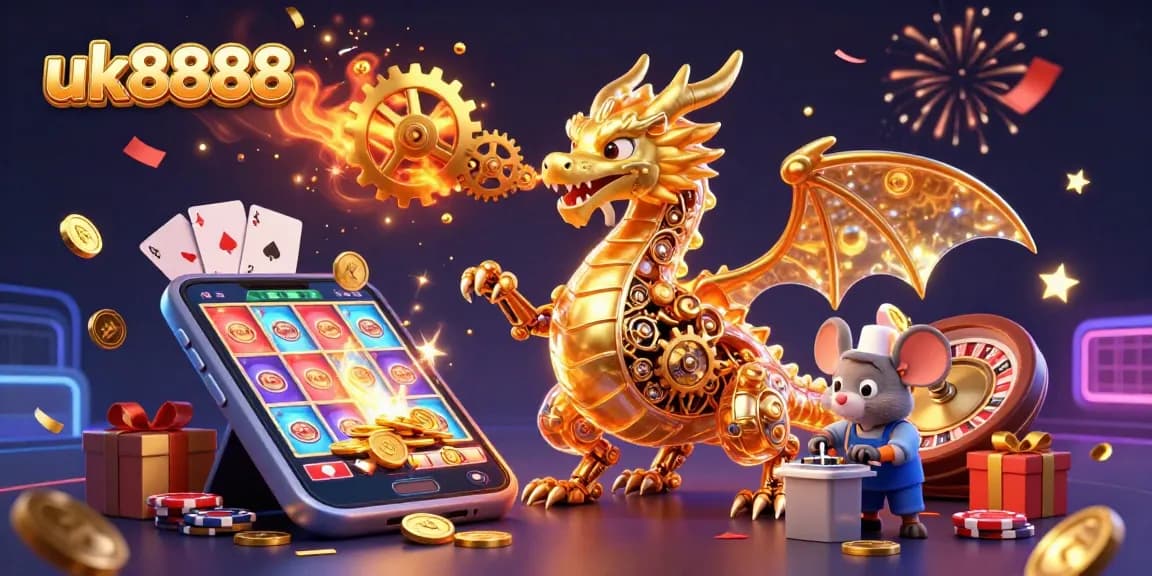 Experience the thrill of uk8888 with a golden dragon and slot game elements in a vibrant casino scene.