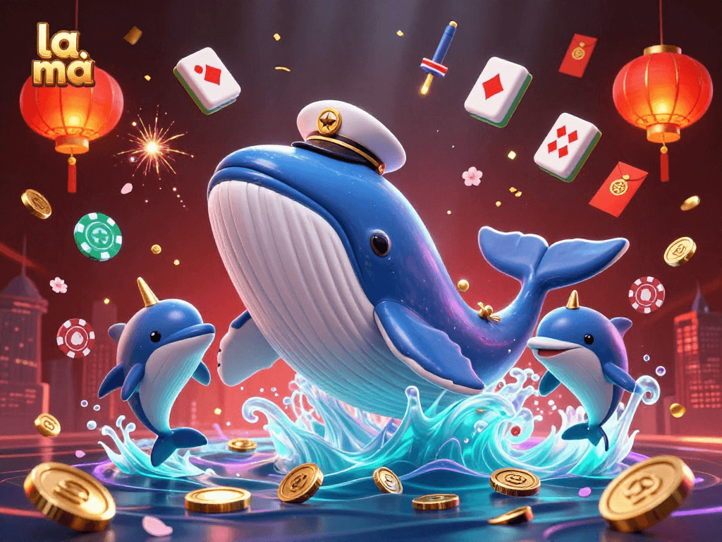 Experience la mã with a whimsical 3D scene featuring a whale and playful dolphins amidst vibrant casino elements.