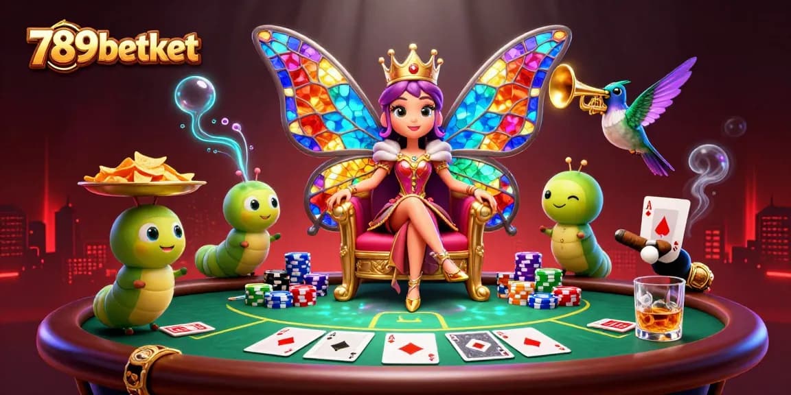 Engaging scene with 789betket showcasing a colorful butterfly queen in a vibrant poker setting.