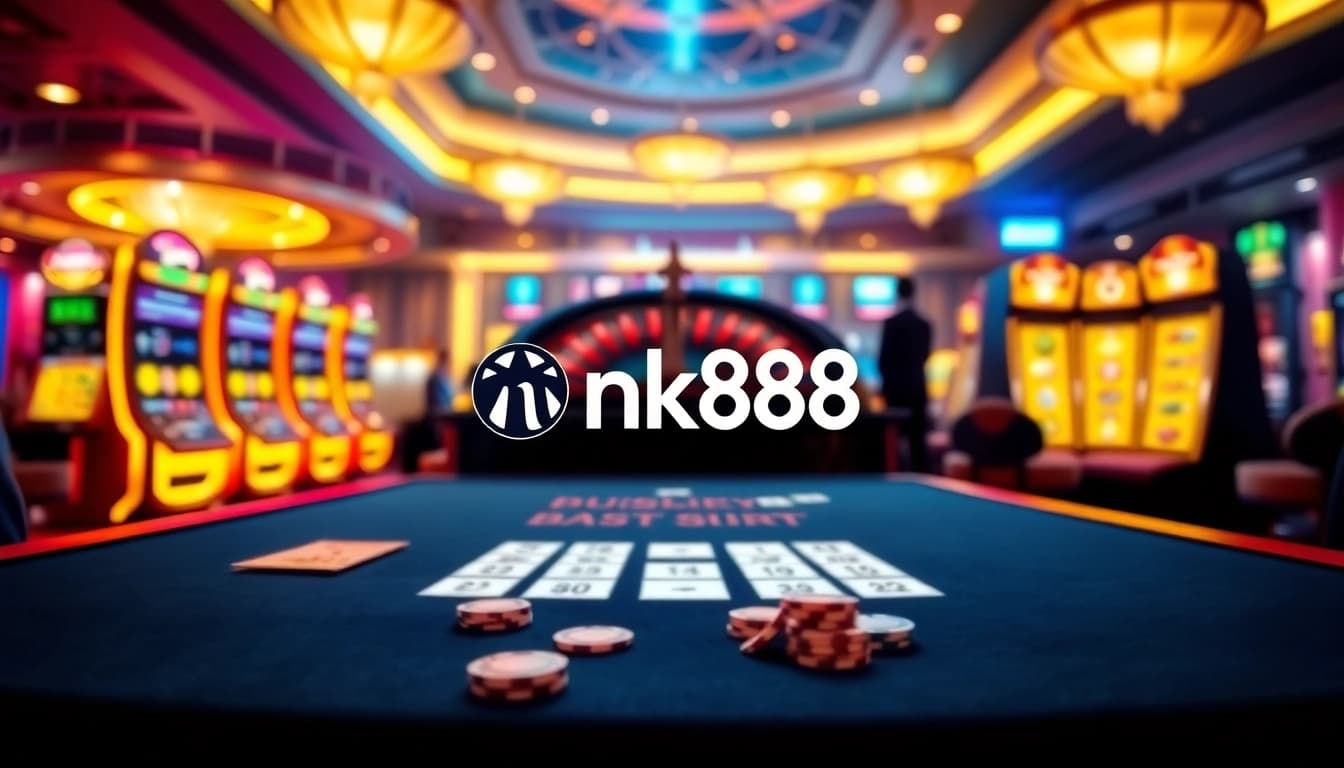 Experience exciting games on nk88, featuring vibrant slot machines and a dealer at the table.