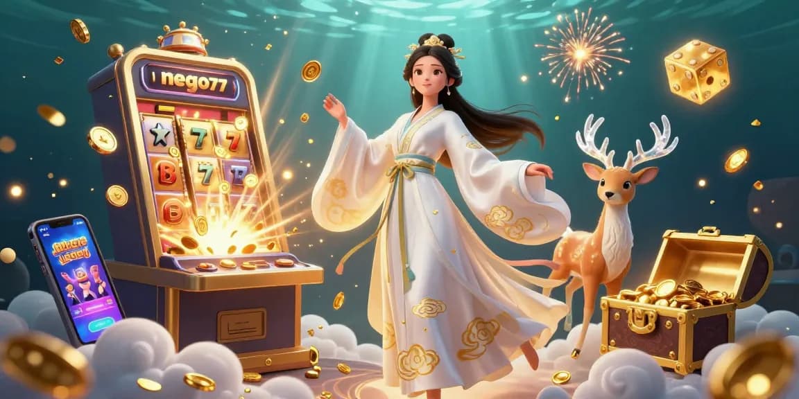 Nego77 features a vibrant 3D casino scene with jackpots bursting, showcasing online gaming excitement.