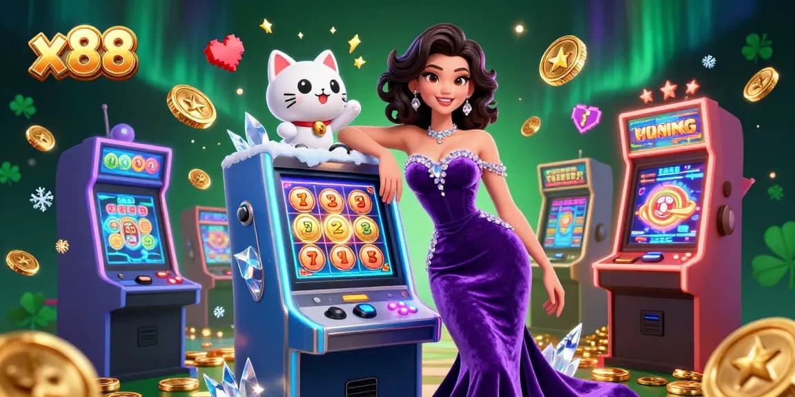 Spin the slot machine at x88 with a glamorous figure in velvet, fortune cat, and dazzling coins.