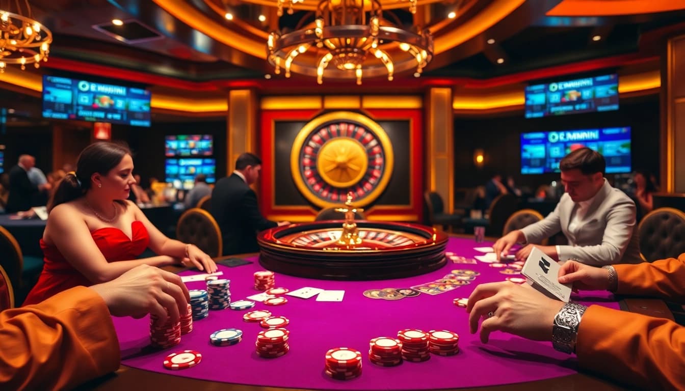 Bongdalu-inspired casino scene showcasing a poker table filled with chips and cards, evoking excitement.