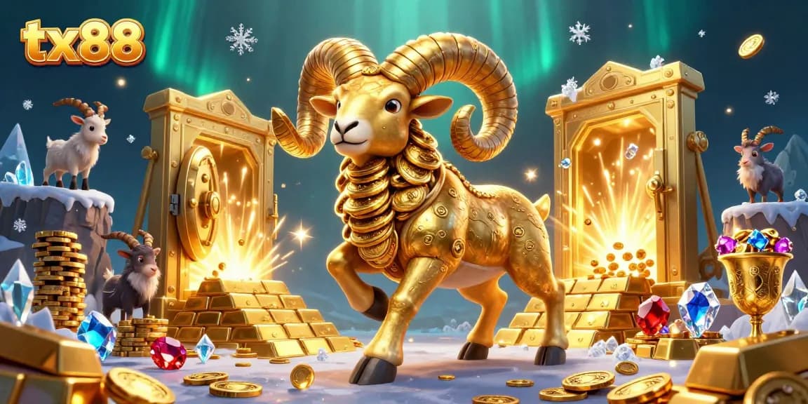 tx88 engages players with immersive casino adventure featuring a golden ram charging through a treasure-filled gate