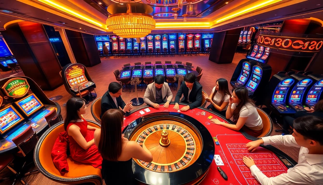 Players enthusiastically engaging in games at Okfun's luxurious casino environment