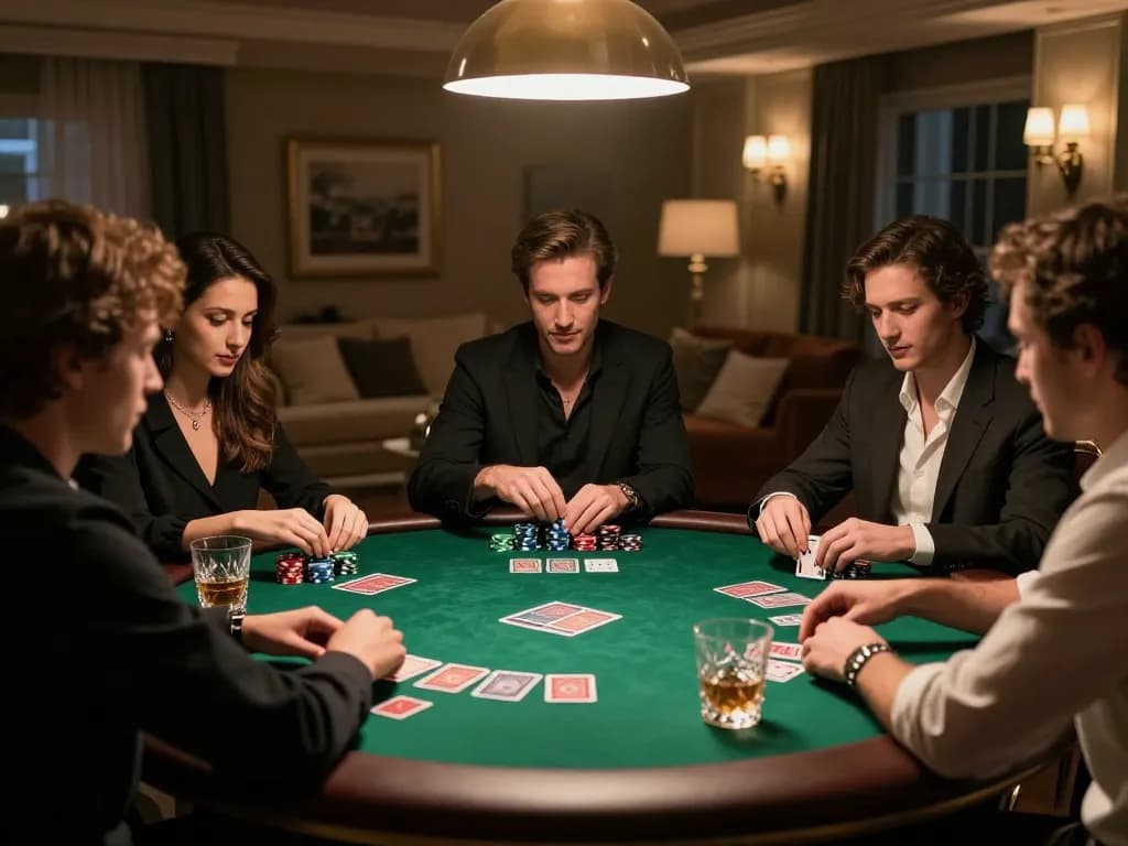 Friends engaging in a strategic poker game at home, keonhacaivn atmosphere captured in cozy elegance.