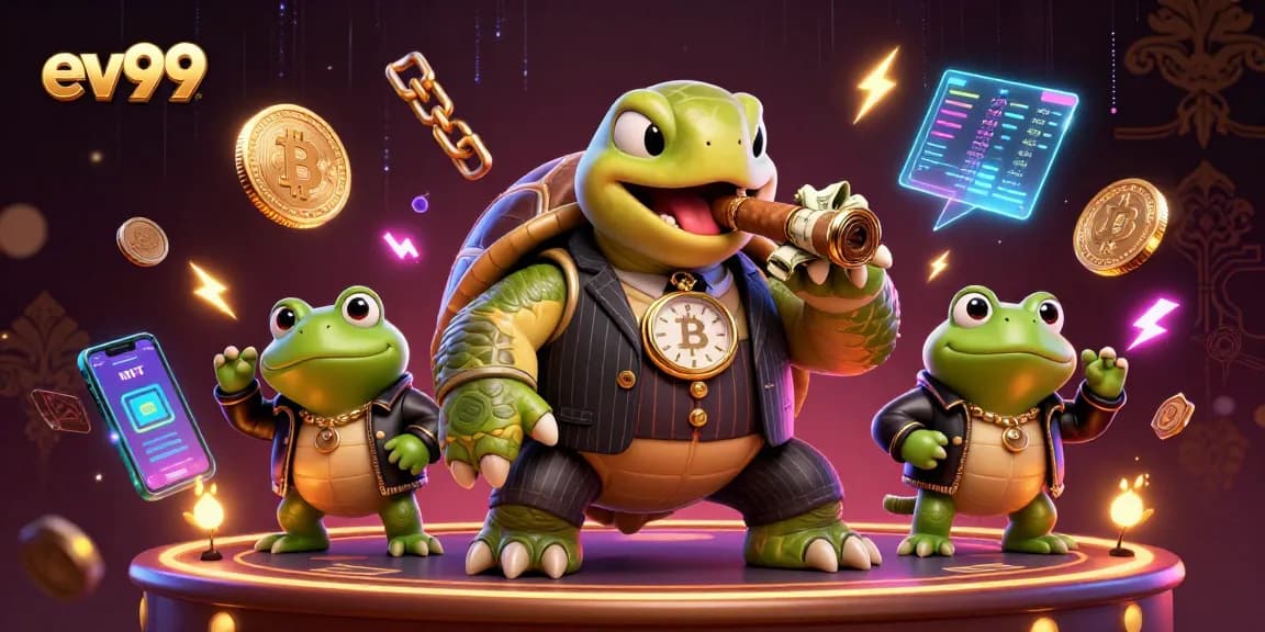 ev99 showcases a vibrant casino scene featuring a mobster turtle and frog enforcers.