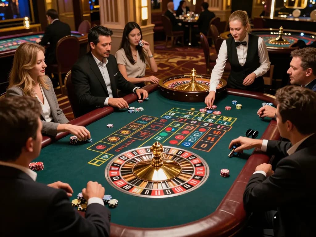 Nohu players engaging in an exciting roulette game at a vibrant casino, capturing the thrill of betting.