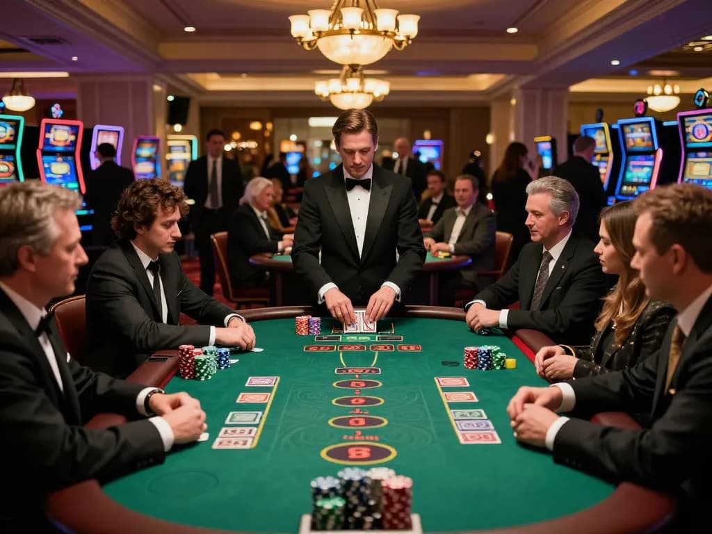 Players enjoy strategic blackjack at a vibrant casino table with windd style elegance