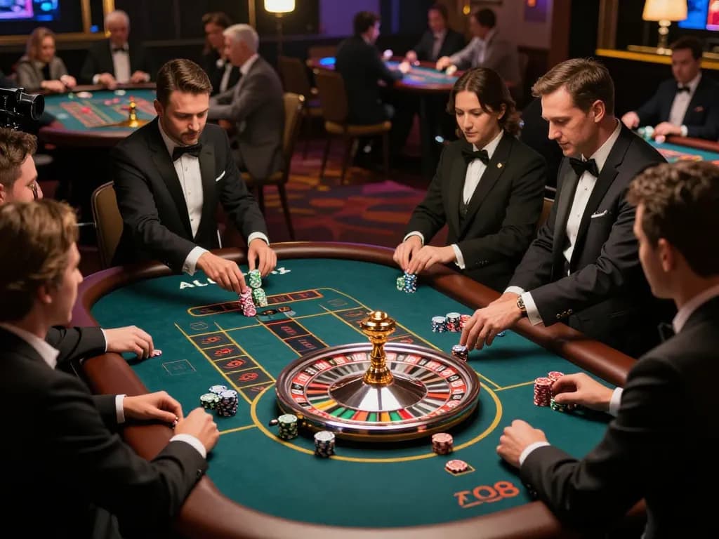 Players engaging in thrilling roulette at ALO8's live dealer table, chips stacked, and excitement high