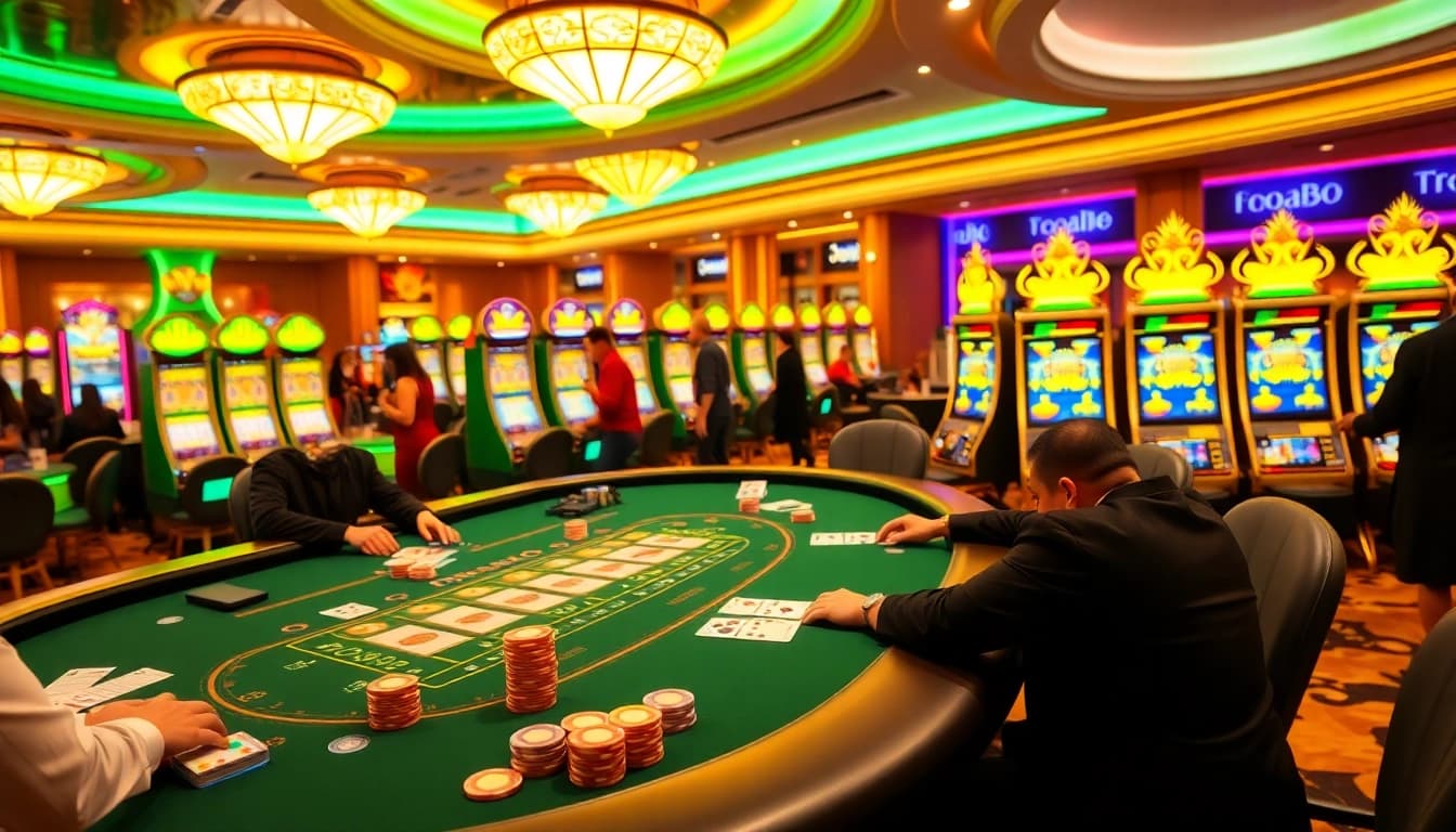 Good88 gaming scene with professional dealers at a blackjack table and colorful slot machines.