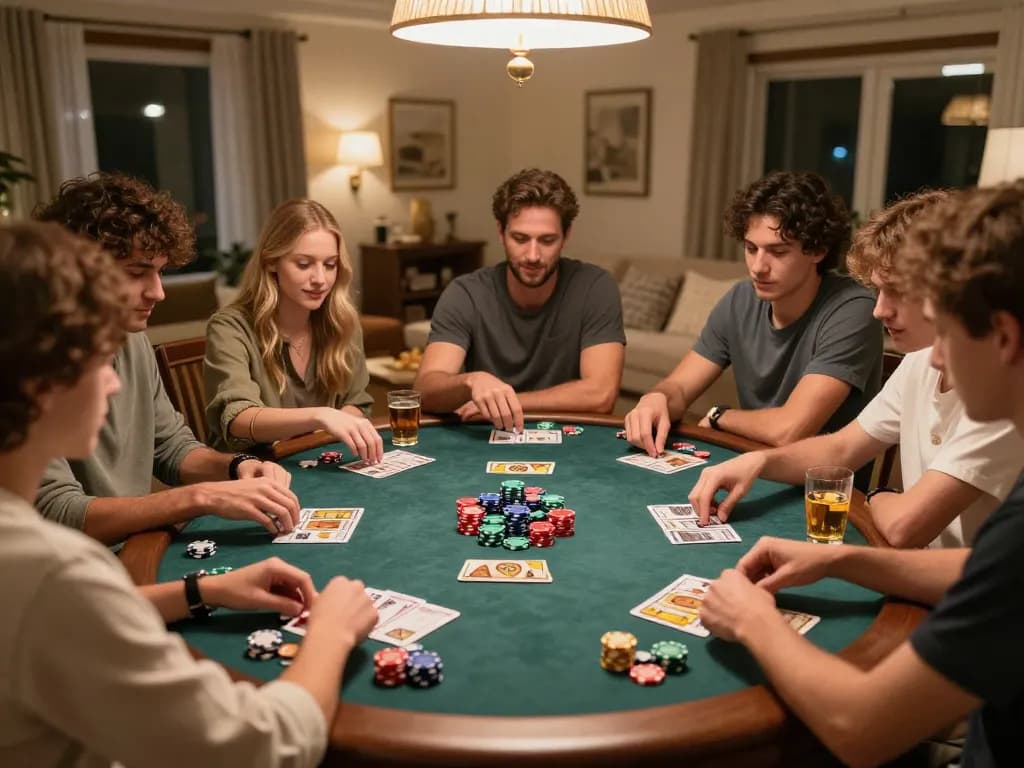 Engaging atmosphere of friends playing game bài with vibrant poker chips and lively conversation around the table.