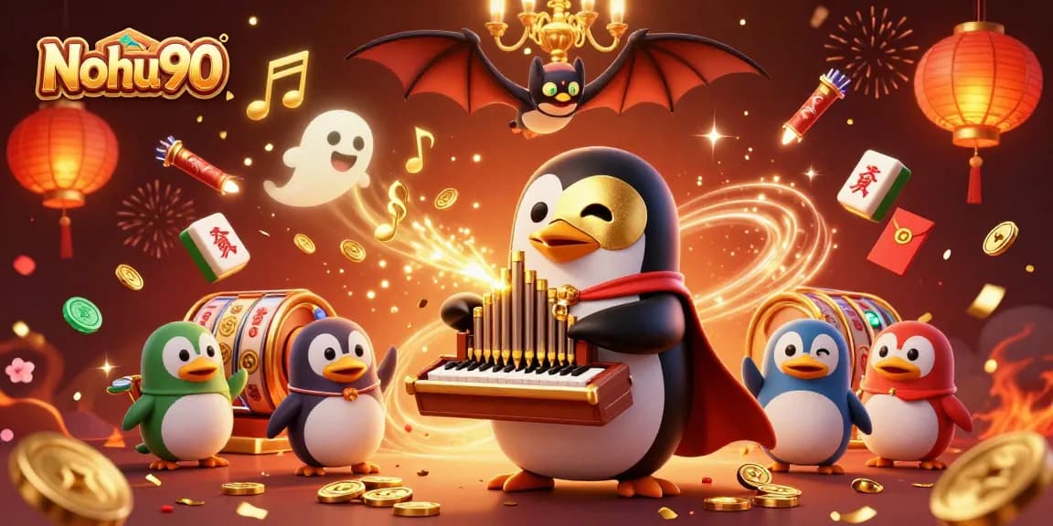 Nohu90 fantasy scene showcasing a cartoon opera penguin at a golden organ, producing cascading coins amidst joyful celebration.