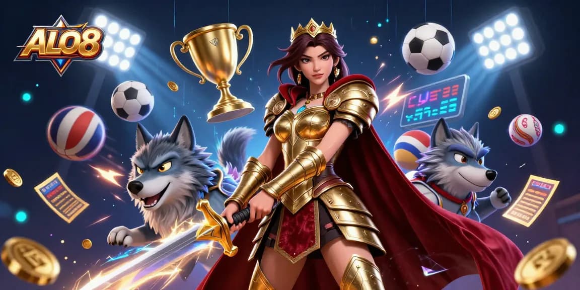 Engage in thrilling gameplay at ALO8, featuring a warrior queen with golden sword and dynamic sports elements.
