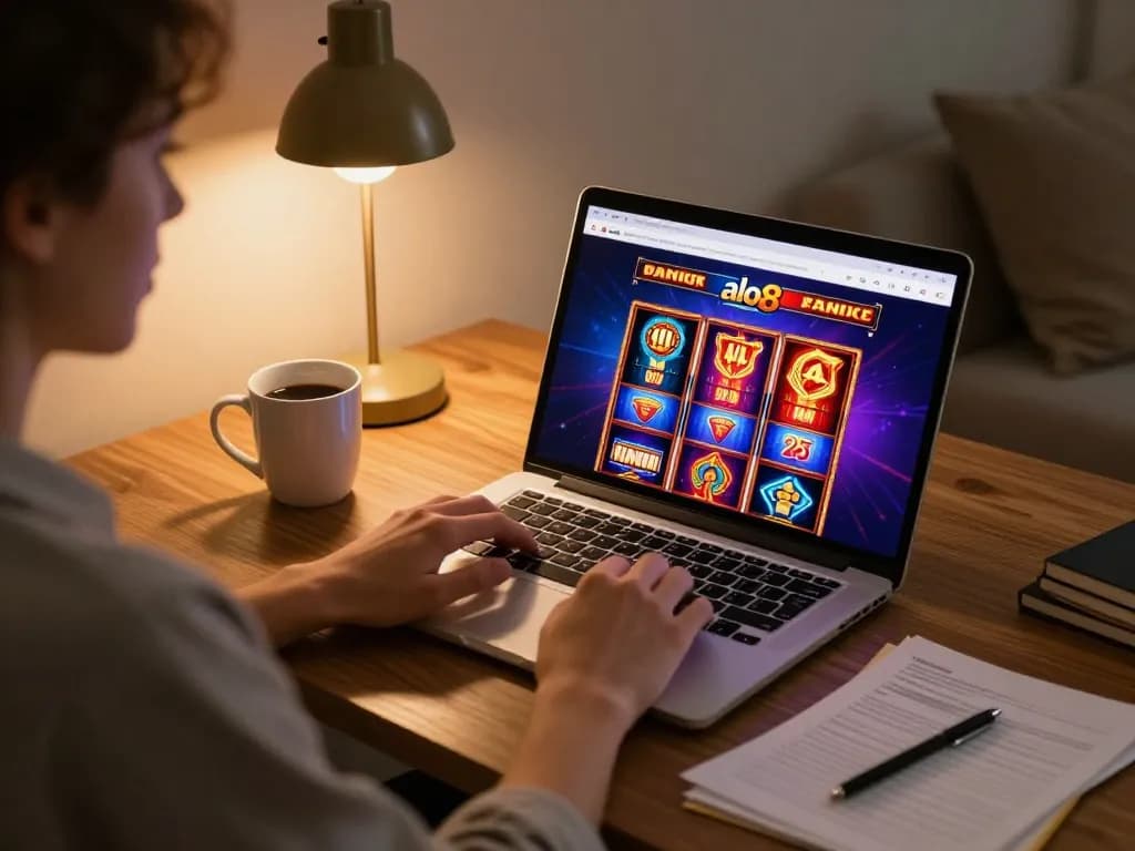 Player enjoying an online casino experience with alo8, engaged with a slot game on a laptop at home