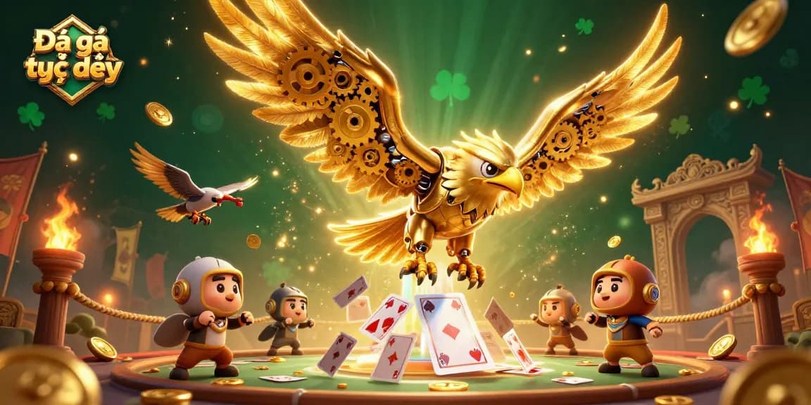 Experience Đá gà trực tiếp action with a 3D fight scene featuring a cybernetic golden eagle amidst dynamic gameplay elements.